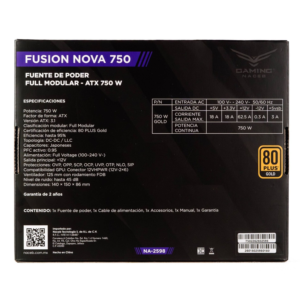 Fuente de poder Naceb Technology NA-2598, ventilador 125 mm, rodamiento FDB
