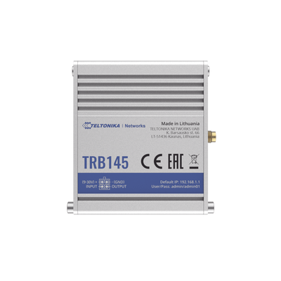 Gateway industrial LTE Teltonika TRB145, consumo 5 W, plataforma OpenWRT