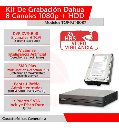 DVR Pentahíbrido Dahua XVR1A08, ancho del paquete 23.8 cm, largo del paquete 33 cm