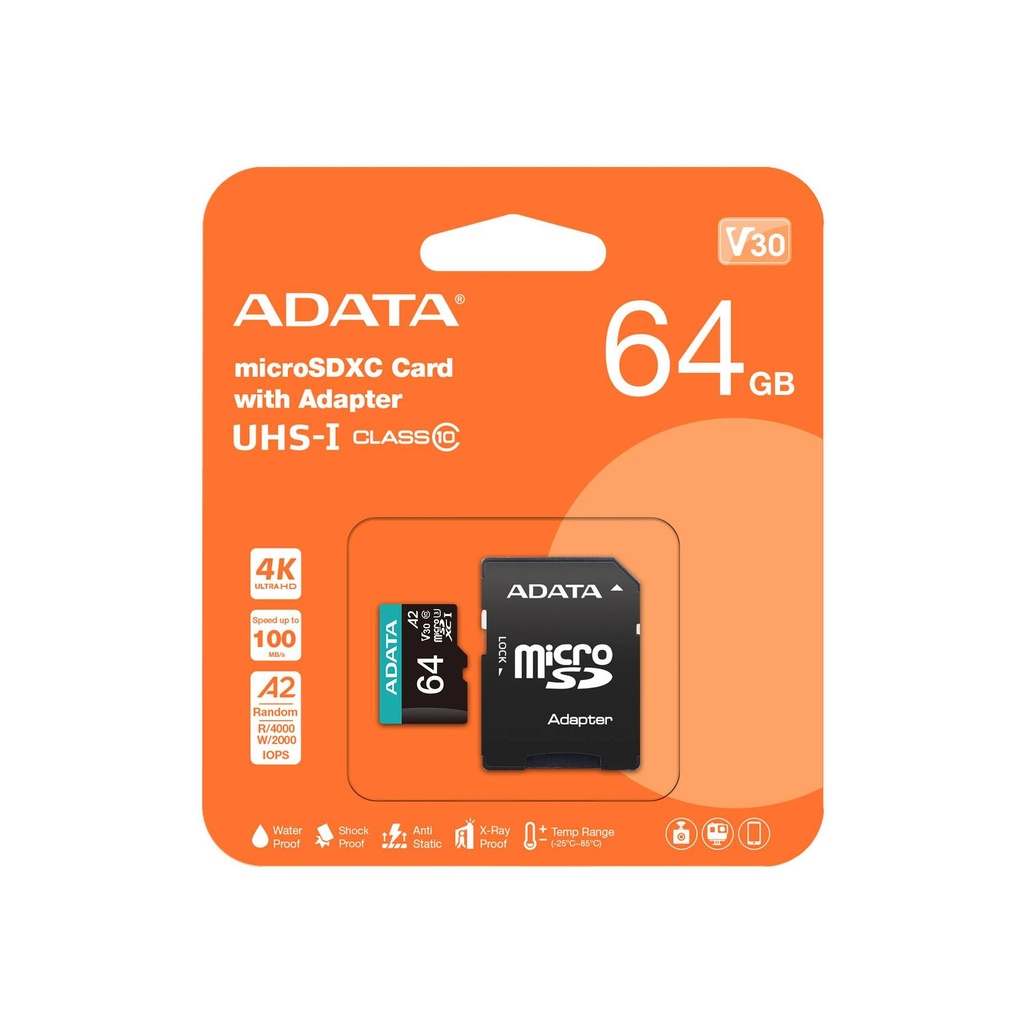 microSD Adata AUSDX64GUI3V30SA2-RA1, clase de velocidad clase 10