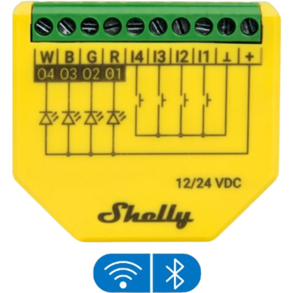 Controlador LED RGBW Shelly SHELLYPLUSRGBWPM, canales 4, conectividad WiFi 2.4 GHz y Bluetooth