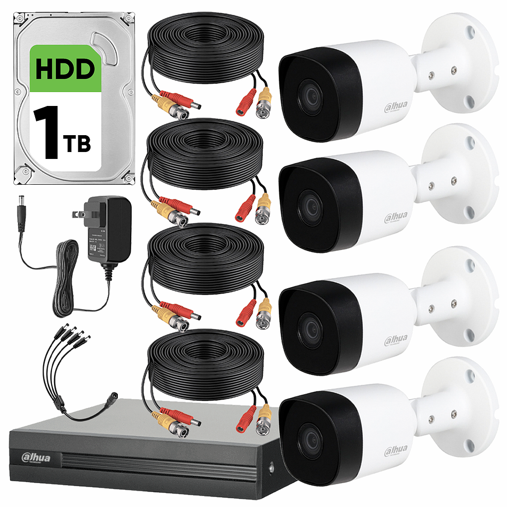 Kit CCTV Dahua XVR1B04-I, 4 cámaras bala 720p 1TB cable 20 m, color BLANCO-HDD