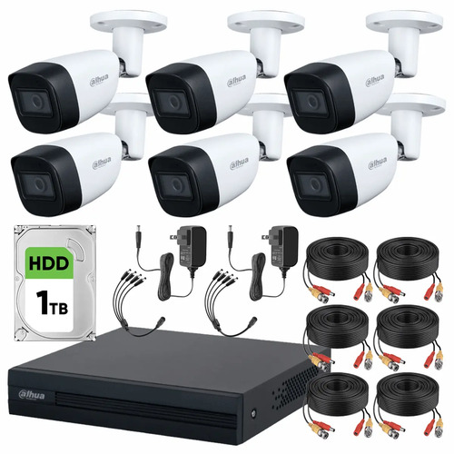 Kit CCTV Dahua HFW1200CM-LOW-CC, 6 cámaras 2 MP HDD 1 TB, color BLANCO-HDD