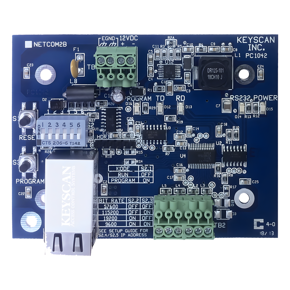 Convertidor RS232 a TCP/IP Keyscan-Dormakaba NETCOM2, dimensiones 77 x 99 mm, alimentación 12 Vcc, 270 mA