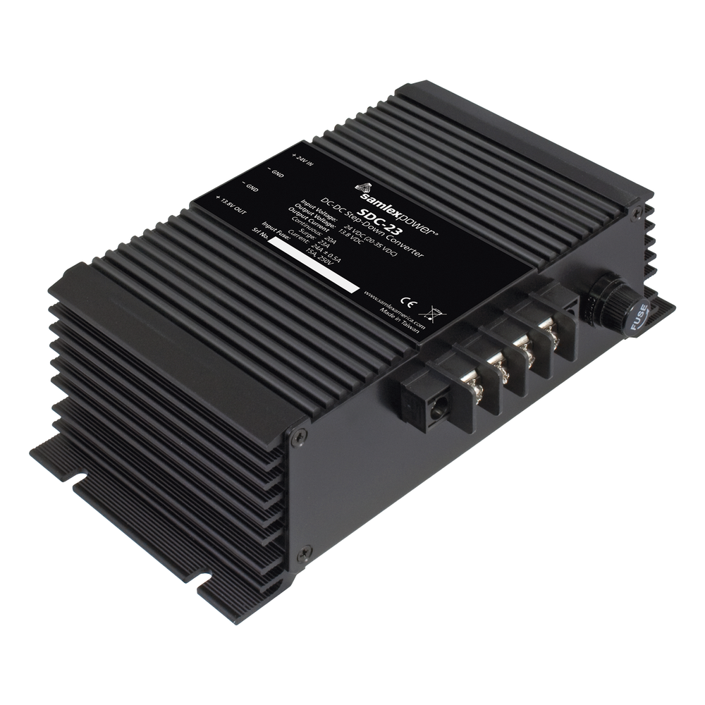 Convertidor CD-CD Samlex SDC-23, dimensiones 60 x 122 x 198 mm, rizado menor a 50 mV p-p a 20 A