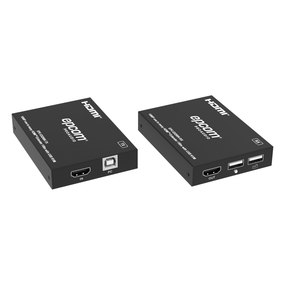Extensor HDMI con KVM sobre IP EPCOM ProAudio EPC-E5200K, audio LPCM 2.0 canales a 48 kHz, alimentación 5 V CC / 1 A