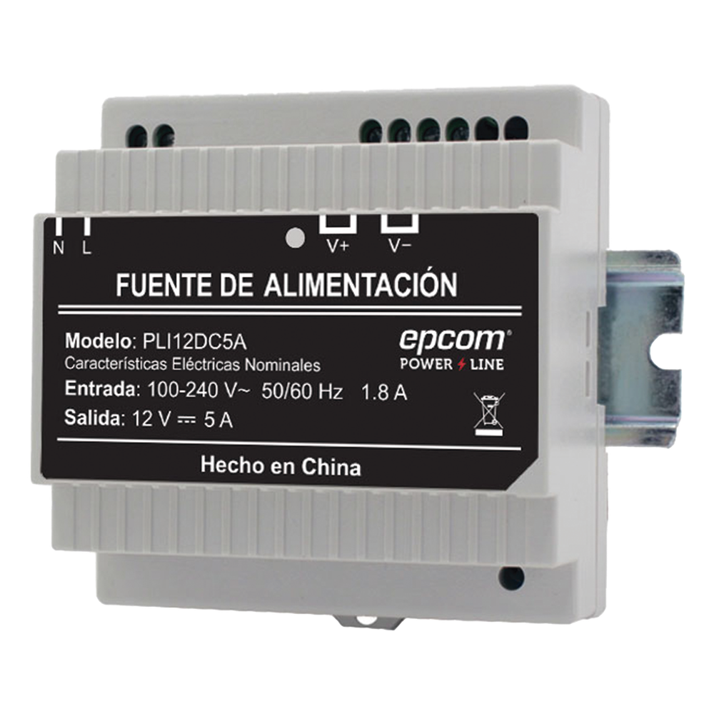Fuente EPCOM Powerline PLI-12-DC-5A, dimensiones 97 x 87 x 54.5 mm, voltaje de salida 11.2 a 14.2 Vcc