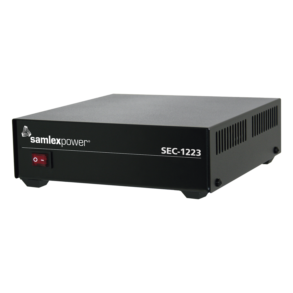 Fuente de poder conmutada Samlex SEC-1223, dimensiones 178 x 211 x 56 mm, rizado y ruido 150 mV pico a pico