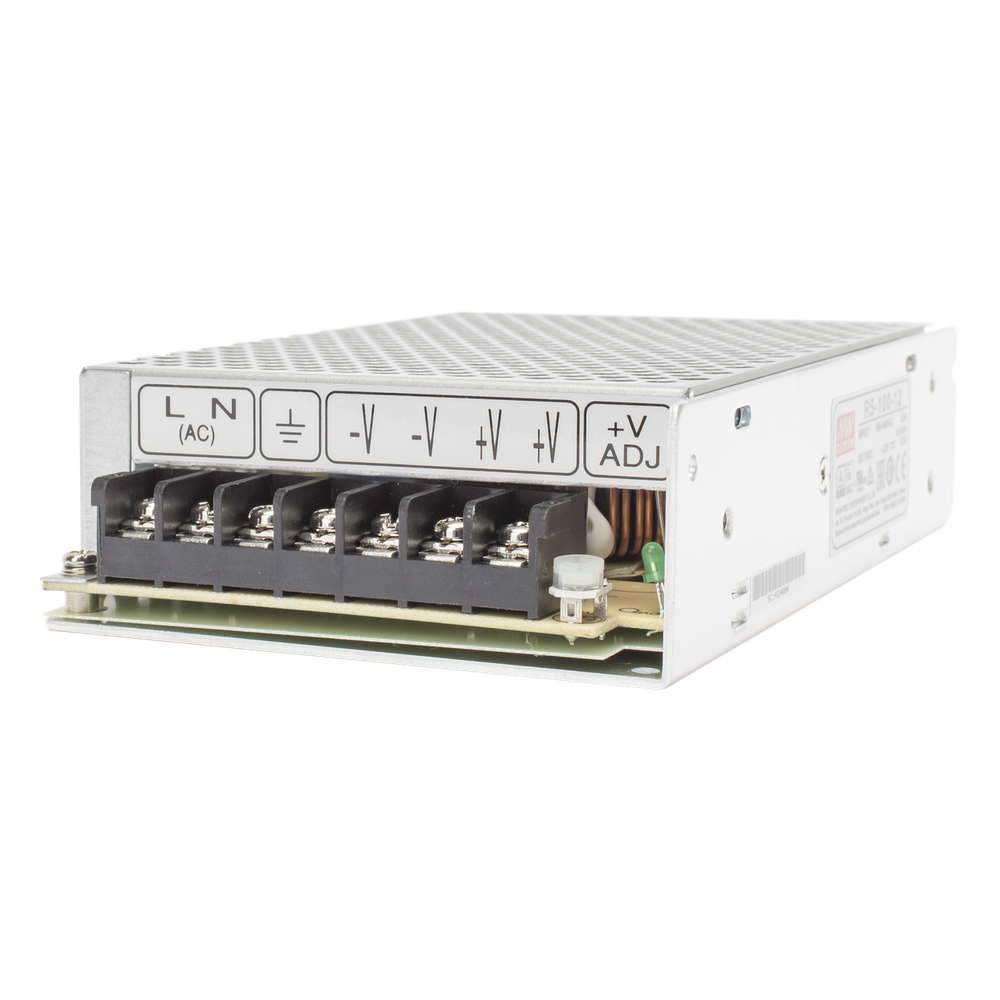 Fuente de poder riel DIN Mean Well Meanwell RS-100-12, dimensiones 97 x 38 x 159 mm, potencia 100 W