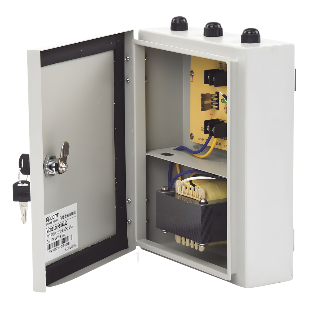 Fuente de poder EPCOM Powerline PS247AC, dimensiones 250 x 210 x 90 mm, grado de protección IP65 (intemperie)