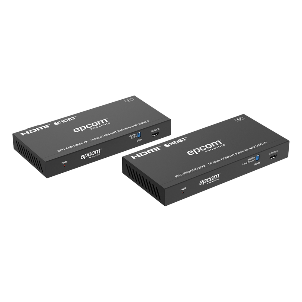 Extensor HDMI HDBaseT KVM EPCOM ProAudio EPC-EHB150U2, alimentación POC bidireccional (TX o RX), transmisión USB 2.0