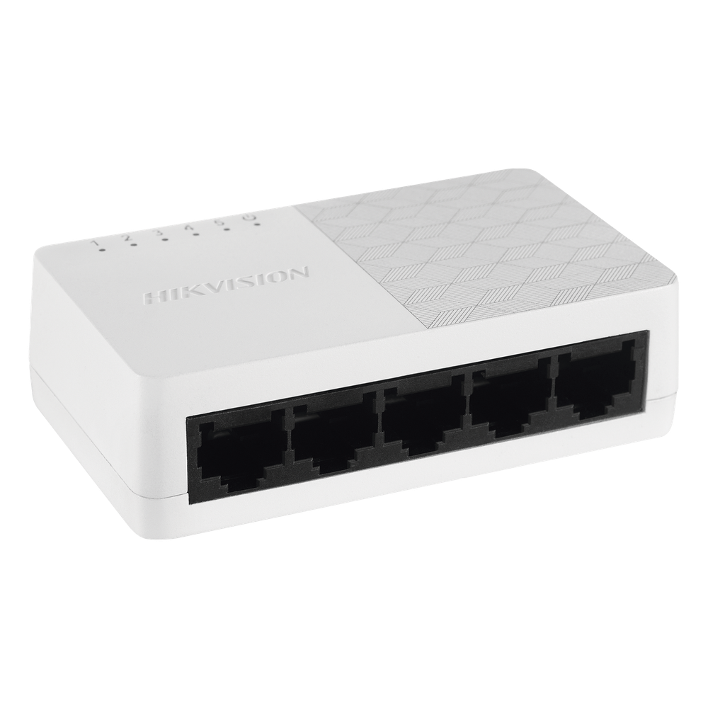 Switch Hikvision DS-3E0105D-O, 5 puertos Fast Ethernet, dimensiones 124 × 22 × 54 mm