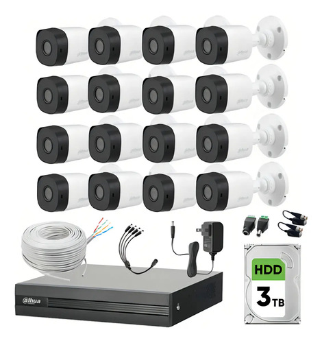 Dahua DHT0250019 Kit de vigilancia Modelo B1A11-PLUS-16 16 Canales 1 Mp Con disco duro 3TB Y Bobina de Cable UTP Cat5e 305M 2.8mm/ 93 Grados de Apertura 16 Canales+2IP o Hasta 18 Ch IP  B1A11 Búsqueda de Humanos y Vehículos