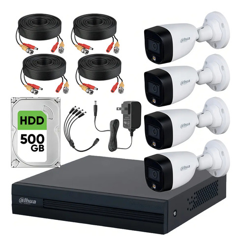 Dahua Kit DHT0250017 CCTV Full Color 4 Cámaras 2 Mp con + Disco Duro 500 Gb Kit de Video Vigilancia con Accesorios Incluidos Cámaras de Seguridad con Detección de Movimiento