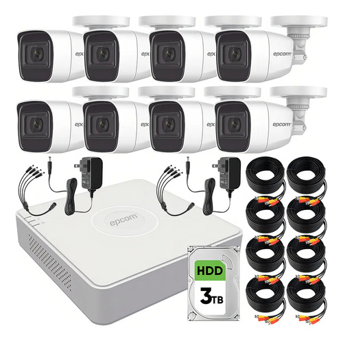 Epcom B8-KIT-MIC Kit Camaras De Seguridad De Video Vigilancia Metalicas Con Microfono Integrado Modelo B8-MIC-PLUS8+3T 2mp Con disco duro 3TB Cctv Cámaras Bala Con Audio Por Coaxitron Turbohd 1080p Lite