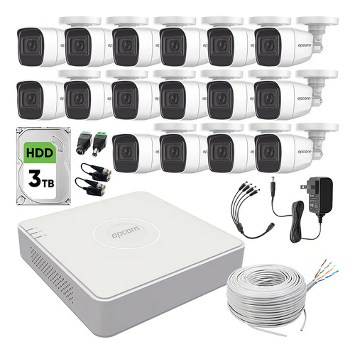 Epcom B8-KIT-MIC Kit Camaras De Seguridad De Video Vigilancia Metalicas Con Microfono Integrado Modelo B8-MIC-PLUS16+3T-B 2mp Con disco duro 3TB Cctv Cámaras Bala Con Audio Por Coaxitron Turbohd 1080p Lite + Bobina UTP