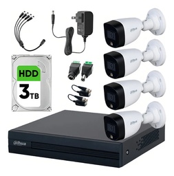 Dahua DHT0250017 Kit de Video Vigilancia 4 Cámaras 2 Mp Full Color y 3 TB Disco Duro + Transceptores Cámaras de Seguridad con Detección de Movimiento Kit CCTV Alta Resolución