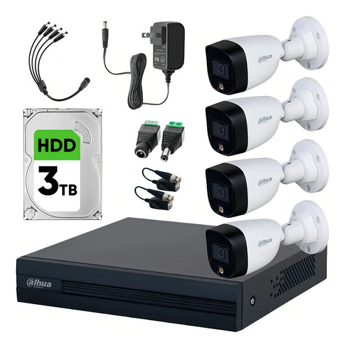 Dahua DHT0250017 Kit de Video Vigilancia 4 Cámaras 2 Mp Full Color y 3 TB Disco Duro + Transceptores Cámaras de Seguridad con Detección de Movimiento Kit CCTV Alta Resolución