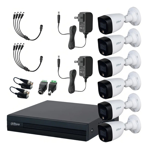 Dahua DHT0250017 Kit de Video Vigilancia Full Color 6 Cámaras 2 MP con Transceptores Cámaras de Seguridad  Alta Resolución Circuito Cerrado con Detección de Movimiento