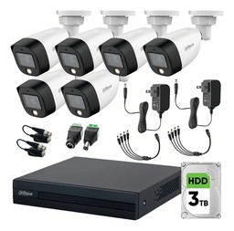 Dahua DHT0250017 Kit de Video Vigilancia 6 Cámaras 2 Mp Full Color y Disco Duro 3 TB + Transceptores Cámaras de Seguridad con Detección de Movimiento Kit CCTV Alta Resolución