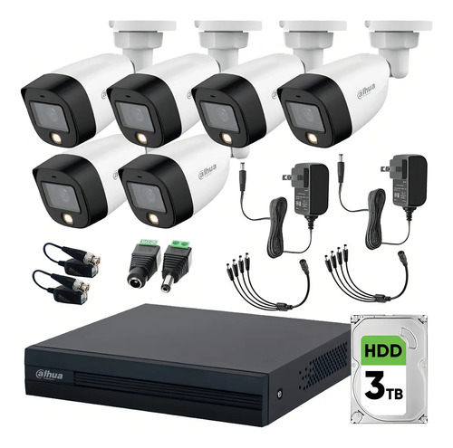 Dahua DHT0250017 Kit de Video Vigilancia 6 Cámaras 2 Mp Full Color y Disco Duro 3 TB + Transceptores Cámaras de Seguridad con Detección de Movimiento Kit CCTV Alta Resolución