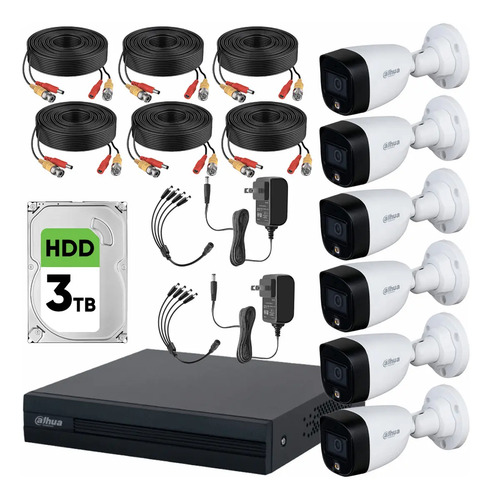 Dahua DHT0250017 Kit CCTV 6 Cámaras 2 Mp  Full Color + Disco Duro 3 TB Cámaras de Seguridad con Detección de Movimiento  Kit CCTV con Accesorios Incluidos