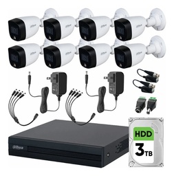 Dahua DHT0250017 Kit CCTV 8 Cámaras 2 Mp Full Color y Disco Duro 3 TB + Transceptores Cámaras de Seguridad con Detección de Movimiento Video Vigilancia de Alta Resolución