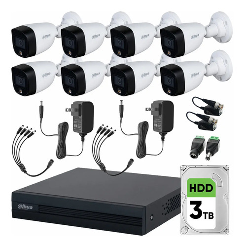 Dahua DHT0250017 Kit CCTV 8 Cámaras 2 Mp Full Color y Disco Duro 3 TB + Transceptores Cámaras de Seguridad con Detección de Movimiento Video Vigilancia de Alta Resolución