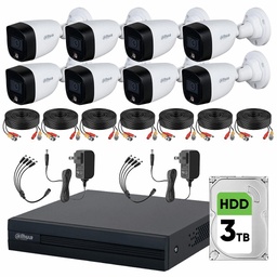 Dahua DHT0250017 Kit de Video Vigilancia 8 Cámaras 2 Mp  Full Color + Disco Duro 3 TB Cámaras de Seguridad con Detección de Movimiento  Kit CCTV con Accesorios Incluidos