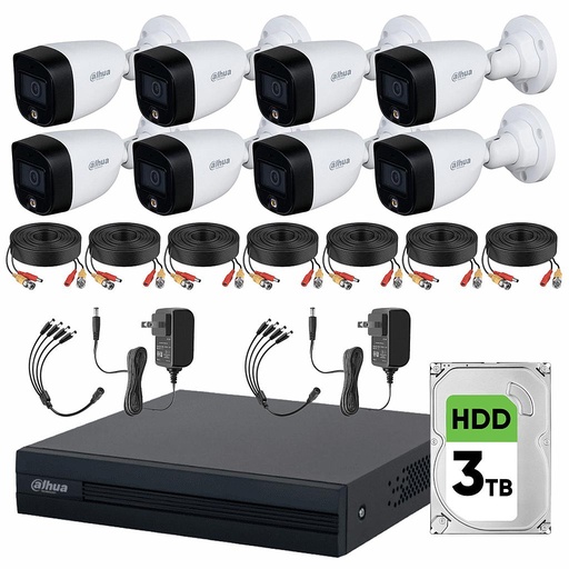 Dahua DHT0250017 Kit de Video Vigilancia 8 Cámaras 2 Mp  Full Color + Disco Duro 3 TB Cámaras de Seguridad con Detección de Movimiento  Kit CCTV con Accesorios Incluidos