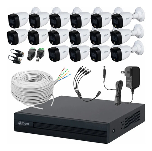 Dahua DHT0250017 Kit de CCTV Full Color 16 Cámaras 2 MP + Bobina de Cable UTP Cat53 con Transceptores Kit de Video Vigilancia Detección de Movimiento Cámaras de Seguridad con Detección de Movimiento