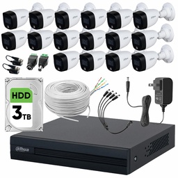Dahua DHT0250017 Kit de Video Vigilancia 16 Cámaras 2 MP Full Color 3 TB de Disco Duro + Bobina de Cable UTP Cat53 Cámaras de Seguridadcon Detección de Movimiento Circuito Cerrado