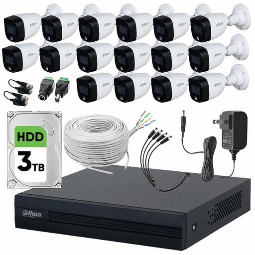 Dahua DHT0250017 Kit de Video Vigilancia 16 Cámaras 2 MP Full Color 3 TB de Disco Duro + Bobina de Cable UTP Cat53 Cámaras de Seguridadcon Detección de Movimiento Circuito Cerrado