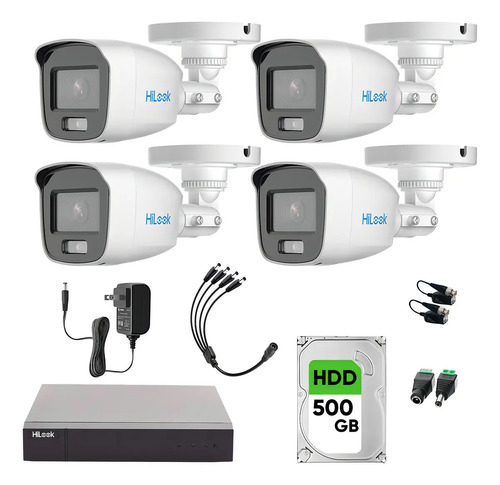 Hilook HL-1080-CV/A Kit de Camaras de Seguridad ExteriorCV/A4-PLUS-SC+500 Video Vigilancia TurboHD 1080p CCTV 4 Cámaras Bala ColorVu con Micrófono Integrado