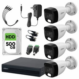 Dahua DHT0250020 Kit de 4 Cámaras de seguridad Exterior FULLCOLORKIT-A-4CC 500 GB Full Color 2 MP Microfono Integrado Circuito Cerrado Facil Instalación Busqueda de Humanos FULLCOLORKIT-A CCTV