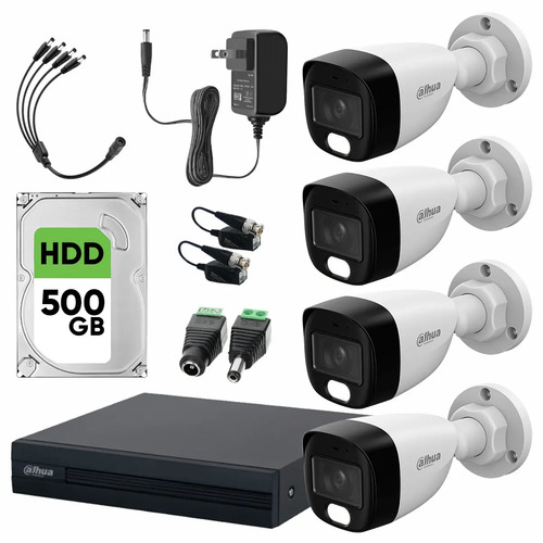 Dahua DHT0250020 Kit de 4 Cámaras de seguridad Exterior FULLCOLORKIT-A-4CC 500 GB Full Color 2 MP Microfono Integrado Circuito Cerrado Facil Instalación Busqueda de Humanos FULLCOLORKIT-A CCTV