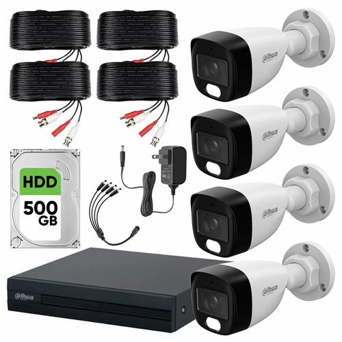 Dahua DHT0250020 Kit de 4 Cámaras de seguridad Exterior FULLCOLORKIT-A-4CC500  Full Color 2 MP 500 GB Microfono Integrado Circuito Cerrado Facil Instalación Busqueda de Humanos FULLCOLORKIT-A CCTV