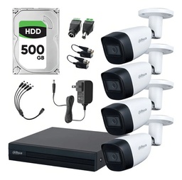 Dahua DHT0250011 Kit de Video Vigilancia 4 Cámaras Metálicas 2 MP con Micrófono + Disco Duro de 500 GB y Transceptores Circuito Cerrado con Detección de Movimento