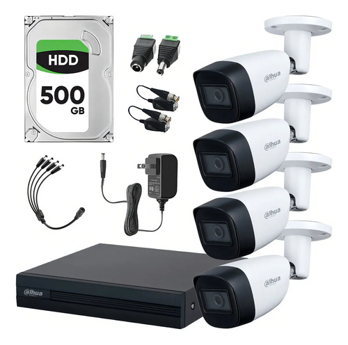 Dahua DHT0250011 Kit de Video Vigilancia 4 Cámaras Metálicas 2 MP con Micrófono + Disco Duro de 500 GB y Transceptores Circuito Cerrado con Detección de Movimento