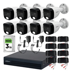 Dahua DHT0250020 Kit de 8 Cámaras de seguridad Exterior FULLCOLORKIT-A-8CC3  Full Color 2 MP 3 TB Microfono Integrado Circuito Cerrado Facil Instalación Busqueda de Humanos FULLCOLORKIT-A CCTV