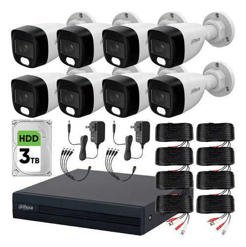 Dahua DHT0250020 Kit de 8 Cámaras de seguridad Exterior FULLCOLORKIT-A-8CC3  Full Color 2 MP 3 TB Microfono Integrado Circuito Cerrado Facil Instalación Busqueda de Humanos FULLCOLORKIT-A CCTV