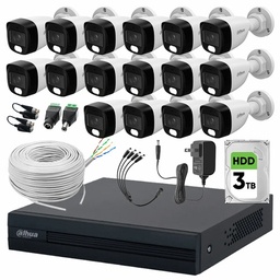 Dahua DHT0250020 Kit de 16 Cámaras de seguridad Exterior FULLCOLORKIT-A-16CC  Full Color 2 MP 3 TB Microfono Integrado Circuito Cerrado Facil Instalación Busqueda de Humanos FULLCOLORKIT-A CCTV