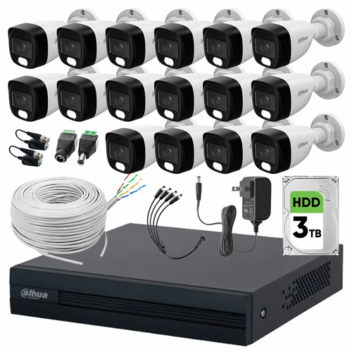 Dahua DHT0250020 Kit de 16 Cámaras de seguridad Exterior FULLCOLORKIT-A-16CC  Full Color 2 MP 3 TB Microfono Integrado Circuito Cerrado Facil Instalación Busqueda de Humanos FULLCOLORKIT-A CCTV