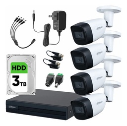 Dahua DHT0250011 Kit Circuito Cerrado de 4 Cámaras Metálicas 2 MP con Micrófono + Disco Duro de 3 TB y Transceptores Video Vigilancia con Detección de Movimento