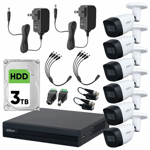 Dahua DHT0250011 Kit CCTV de 6 Cámaras Metálicas 2 MP con Micrófono + Disco Duro de 3 TB y Transceptores Cámaras de Seguridad con Detección de Movimento Video Vigilancia