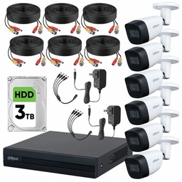 Dahua DHT0250011 Kit de Video Vigilancia 6 Cámaras Metálicas 2 MP Micrófono HDD de 3 TB + Accesorios Cámaras de Seguridad con Detección de Movimento y Alta Resolución