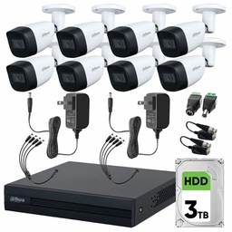 Kit de Videovigilancia Cronos 8 Cámaras Dahua Bala HFW1200CM 2MP Metálica con Micrófono Integrado + Disco Duro 3TB + Balums + Accesorios - Kit CCTV HFW1200CM-MED-SC (DVR DH-XVR1B08-I Circuito Cerrado)