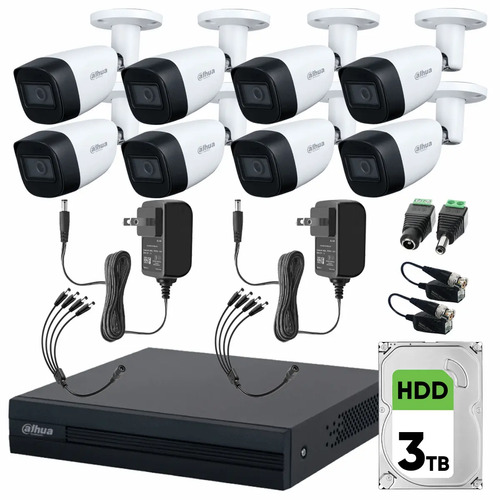 Kit de Videovigilancia Cronos 8 Cámaras Dahua Bala HFW1200CM 2MP Metálica con Micrófono Integrado + Disco Duro 3TB + Balums + Accesorios - Kit CCTV HFW1200CM-MED-SC (DVR DH-XVR1B08-I Circuito Cerrado)