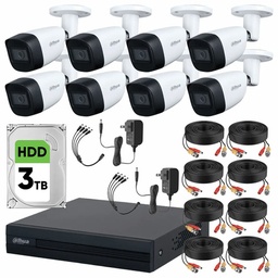 Dahua DHT0250011 Kit de Video Vigilancia 8 Cámaras Metálicas 2 MP Micrófono HDD de 3 TB + Accesorios Cámaras de Seguridad con Detección de Movimento y Alta Resolución