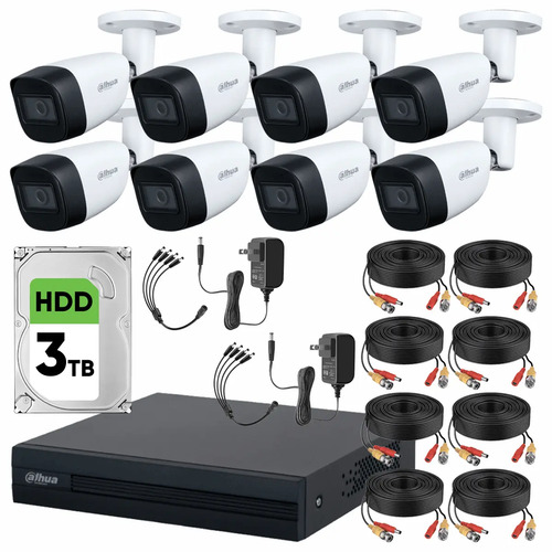 Dahua DHT0250011 Kit de Video Vigilancia 8 Cámaras Metálicas 2 MP Micrófono HDD de 3 TB + Accesorios Cámaras de Seguridad con Detección de Movimento y Alta Resolución